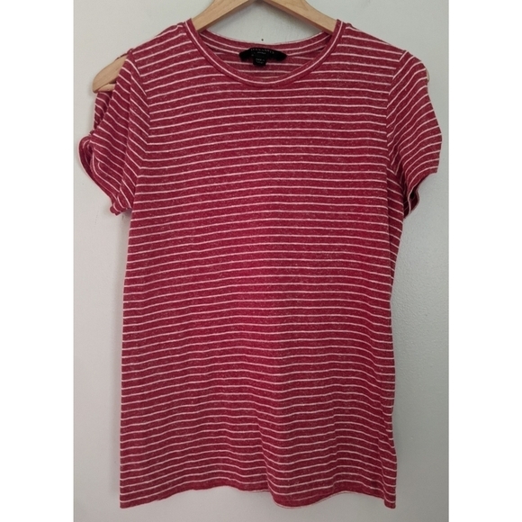 All Saints Mazzy Devo Red White Striped Tee Slit Twist Sleeves - Picture 1 of 7